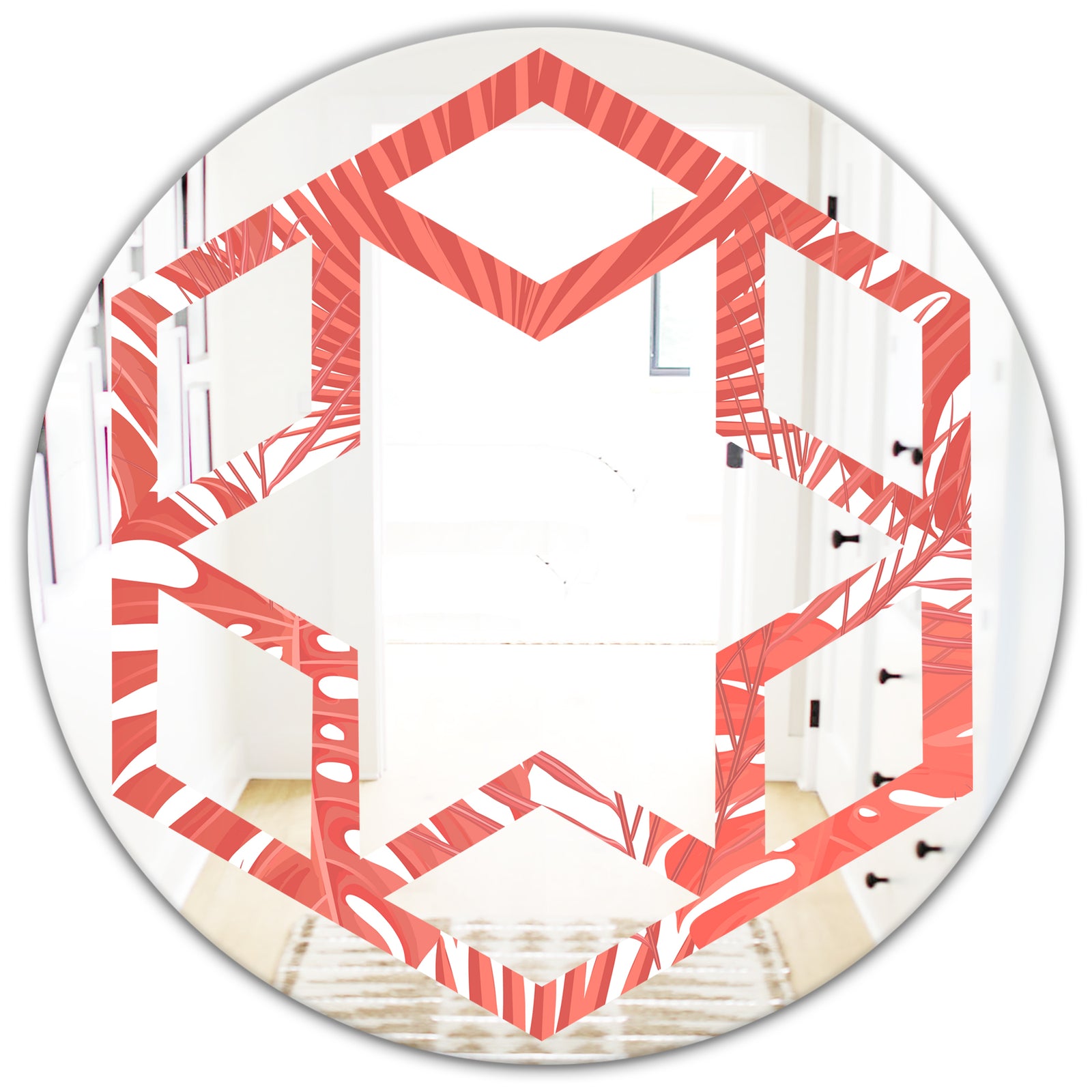 Tropical Retro Foliage Coral I - Modern Round or Oval Wall Mirror - Hexagon Star