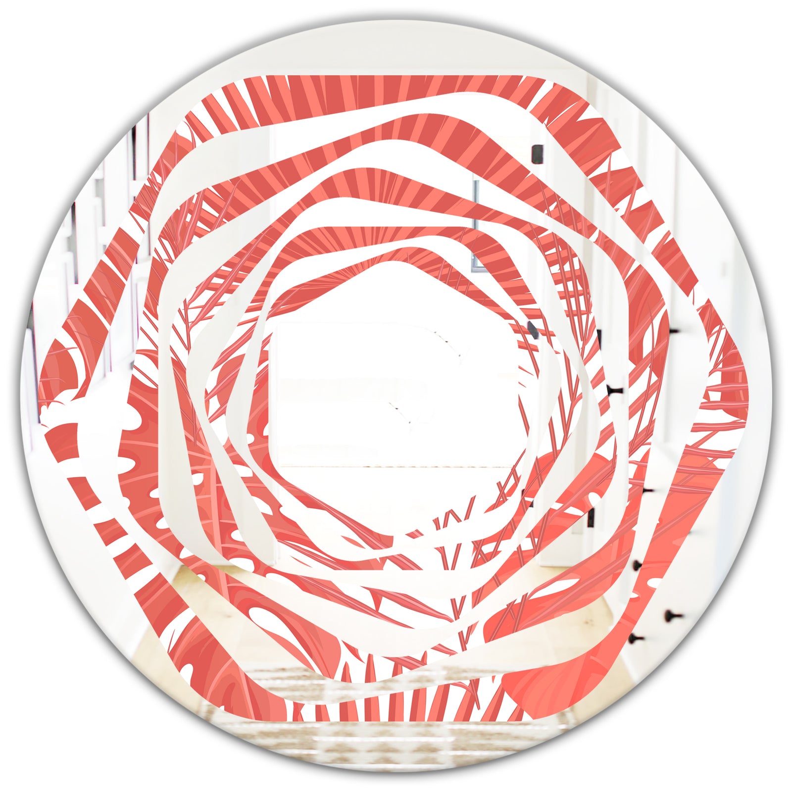 Tropical Retro Foliage Coral I - Modern Round or Oval Wall Mirror - Whirl