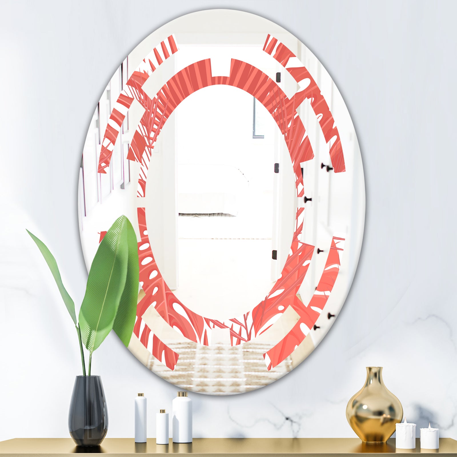 Tropical Retro Foliage Coral I - Modern Round or Oval Wall Mirror - Space