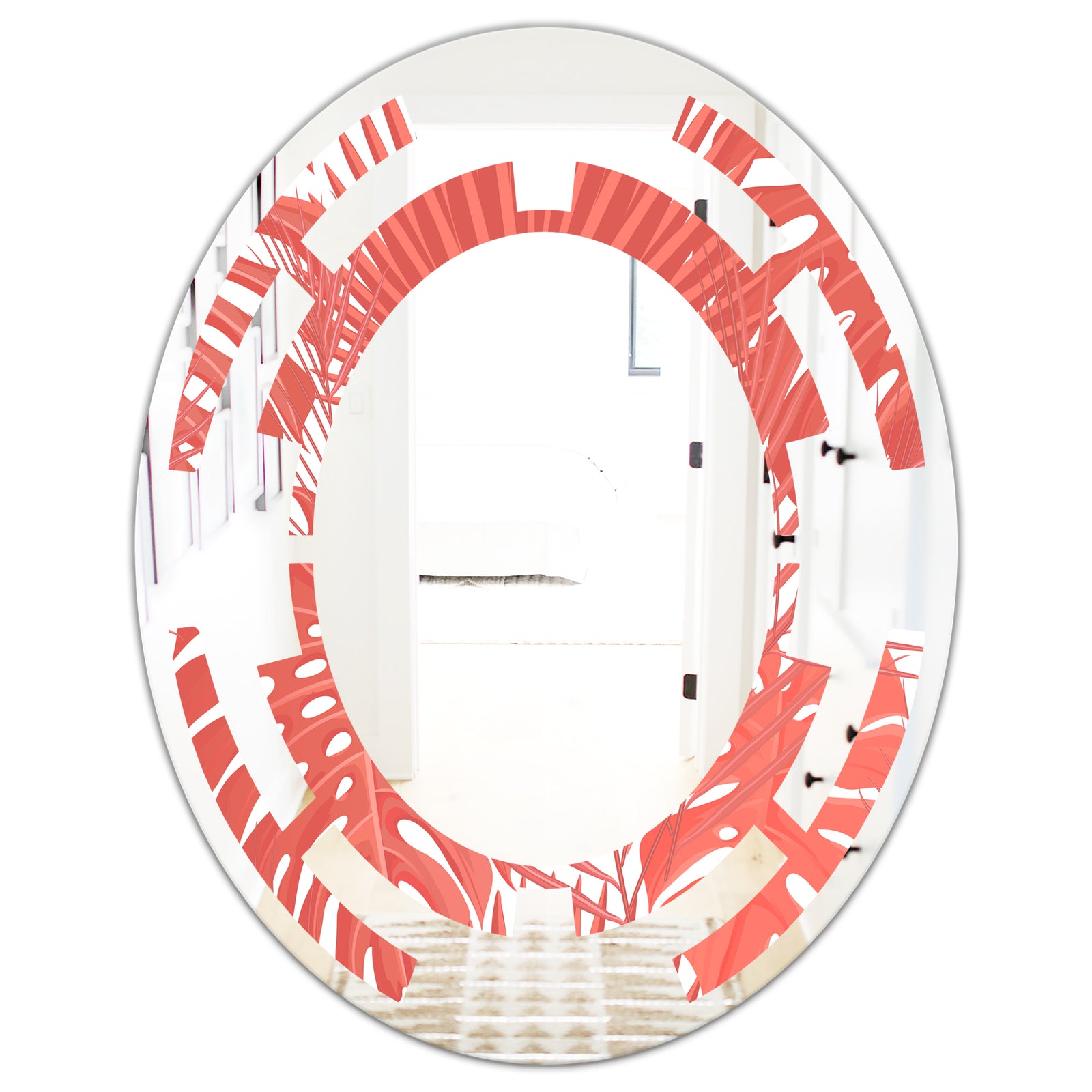 Tropical Retro Foliage Coral I - Modern Round or Oval Wall Mirror - Space