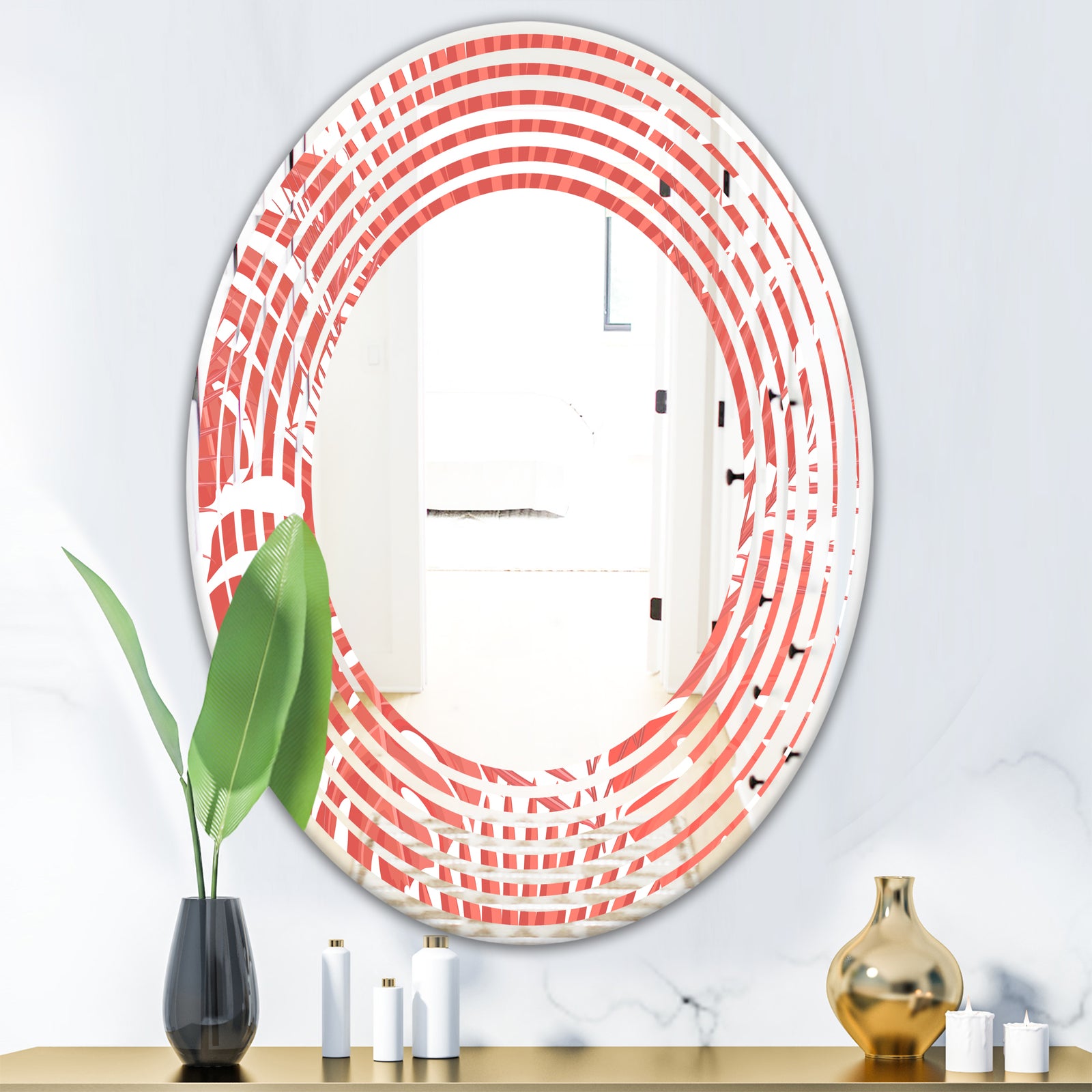 Tropical Retro Foliage Coral I - Modern Round or Oval Wall Mirror - Wave