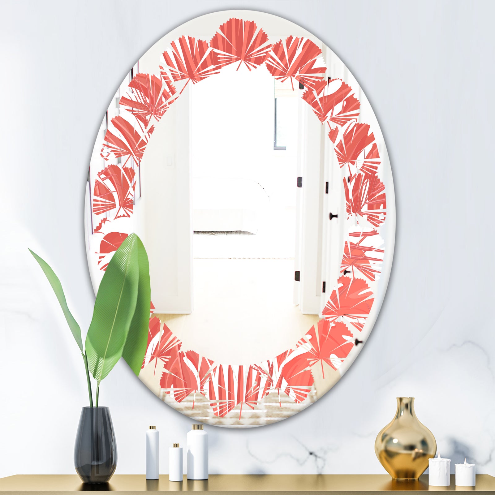 Tropical Retro Foliage Coral I - Modern Round or Oval Wall Mirror - Leaves