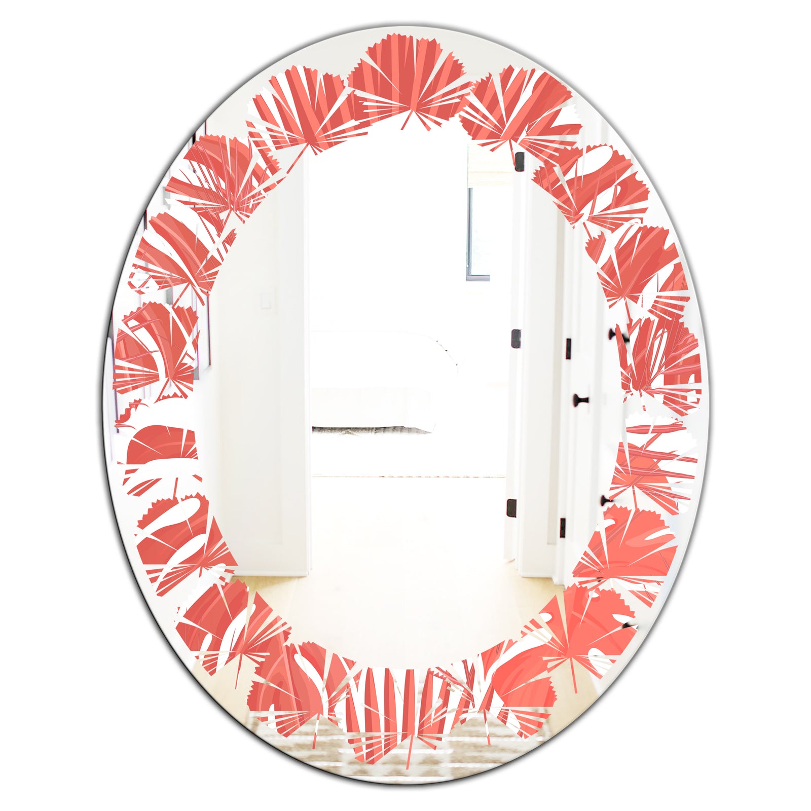 Tropical Retro Foliage Coral I - Modern Round or Oval Wall Mirror - Leaves