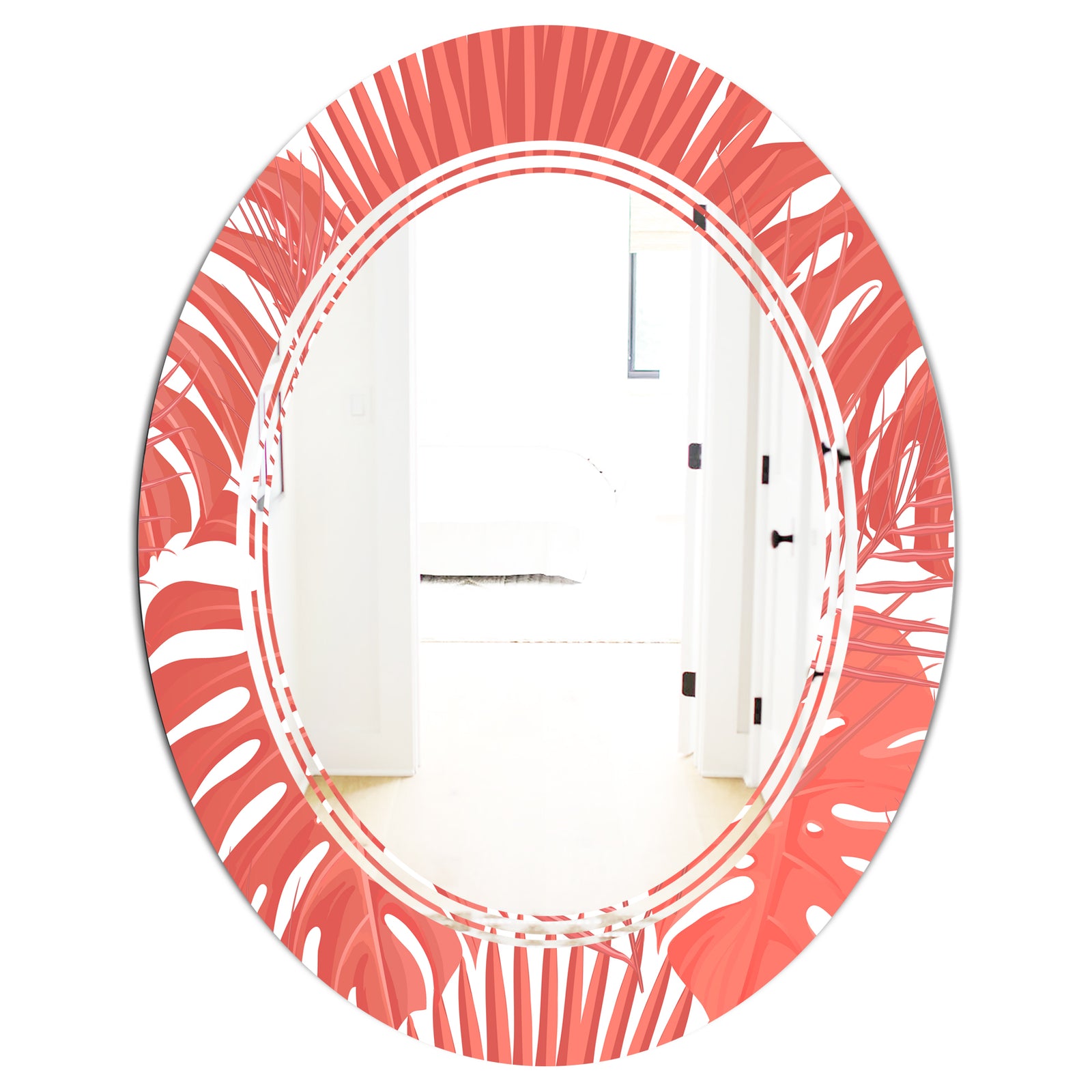 Tropical Retro Foliage Coral I - Modern Round or Oval Wall Mirror - Triple C