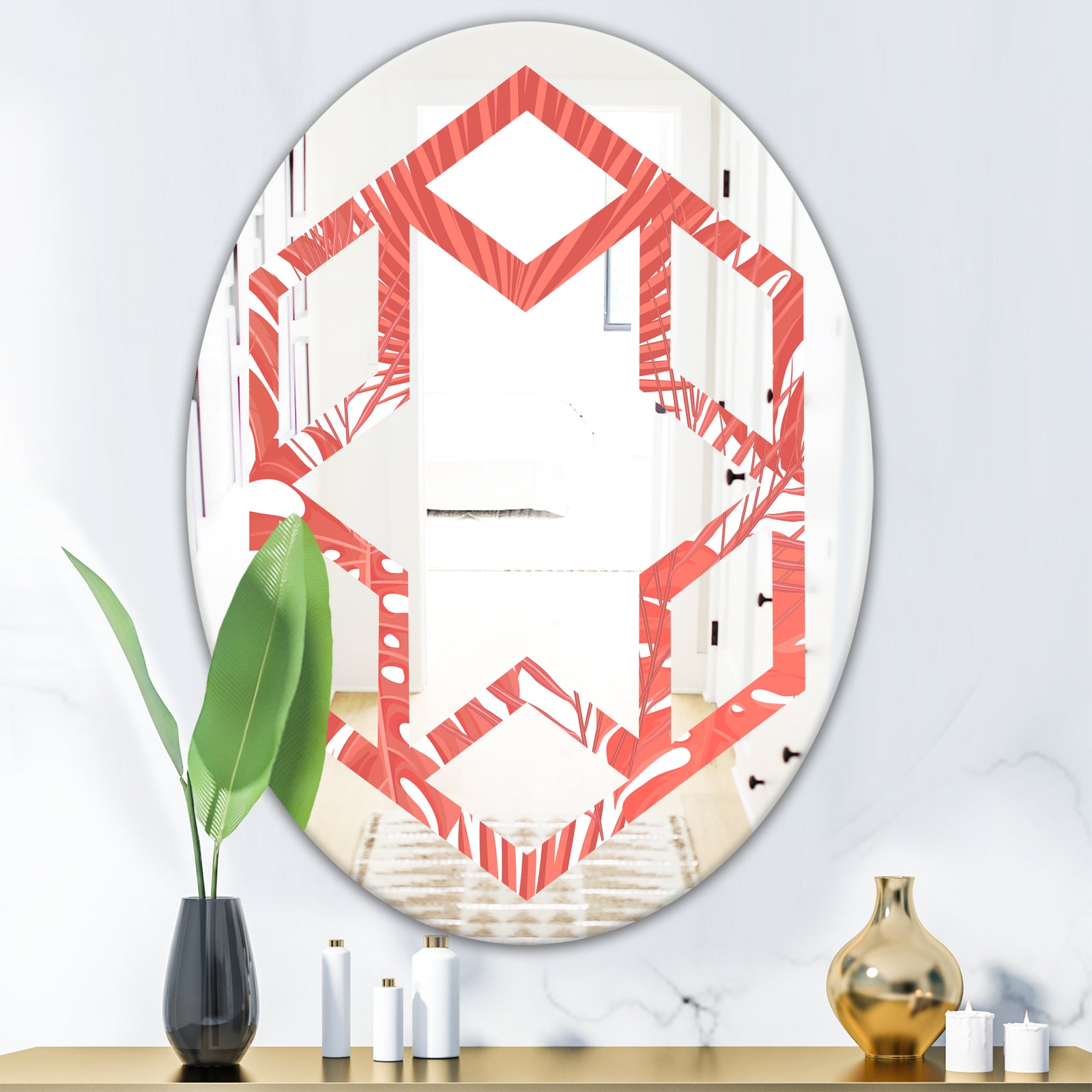 Tropical Retro Foliage Coral I - Modern Round or Oval Wall Mirror - Hexagon Star