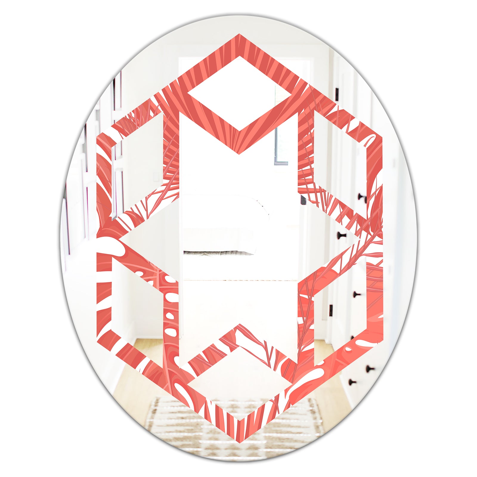 Tropical Retro Foliage Coral I - Modern Round or Oval Wall Mirror - Hexagon Star