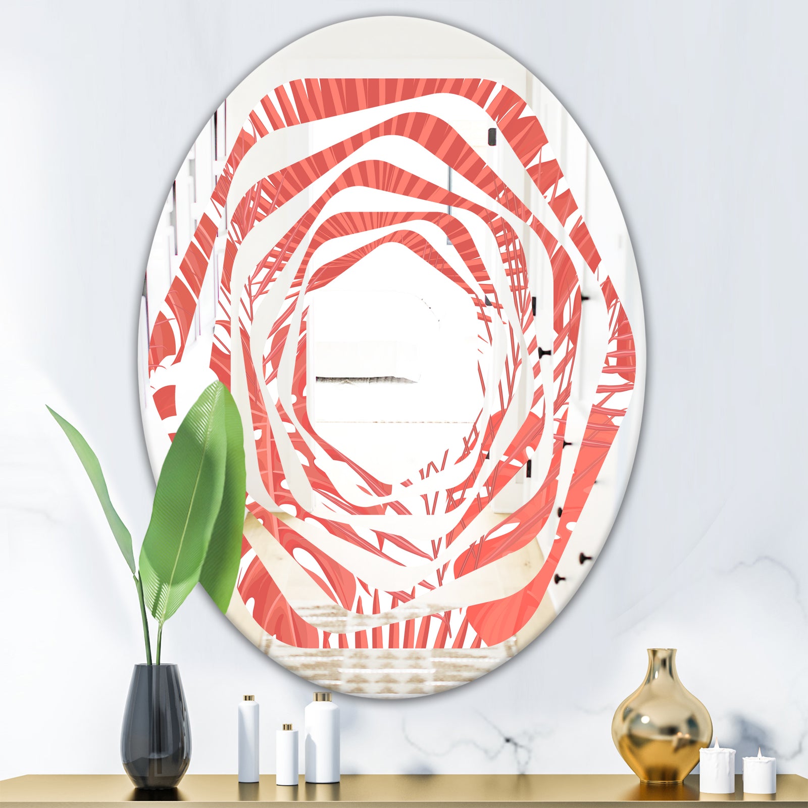 Tropical Retro Foliage Coral I - Modern Round or Oval Wall Mirror - Whirl