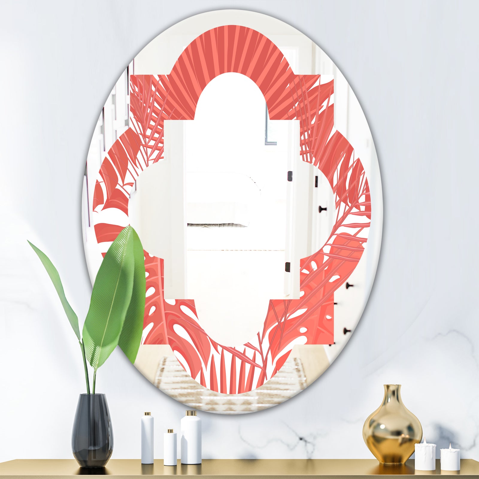 Tropical Retro Foliage Coral I - Modern Round or Oval Wall Mirror - Quatrefoil