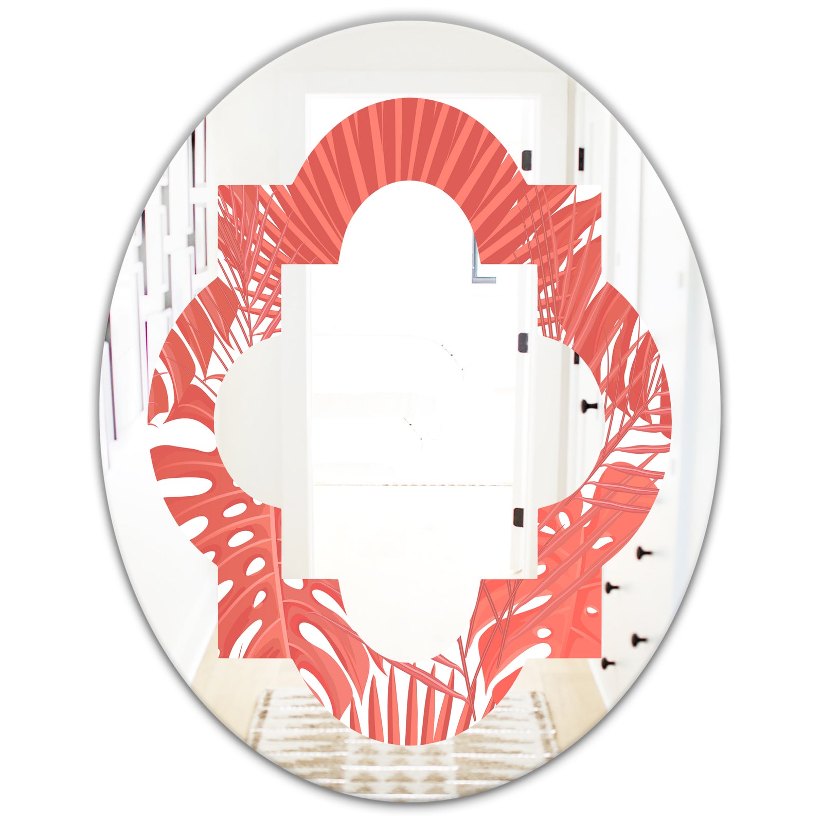 Tropical Retro Foliage Coral I - Modern Round or Oval Wall Mirror - Quatrefoil
