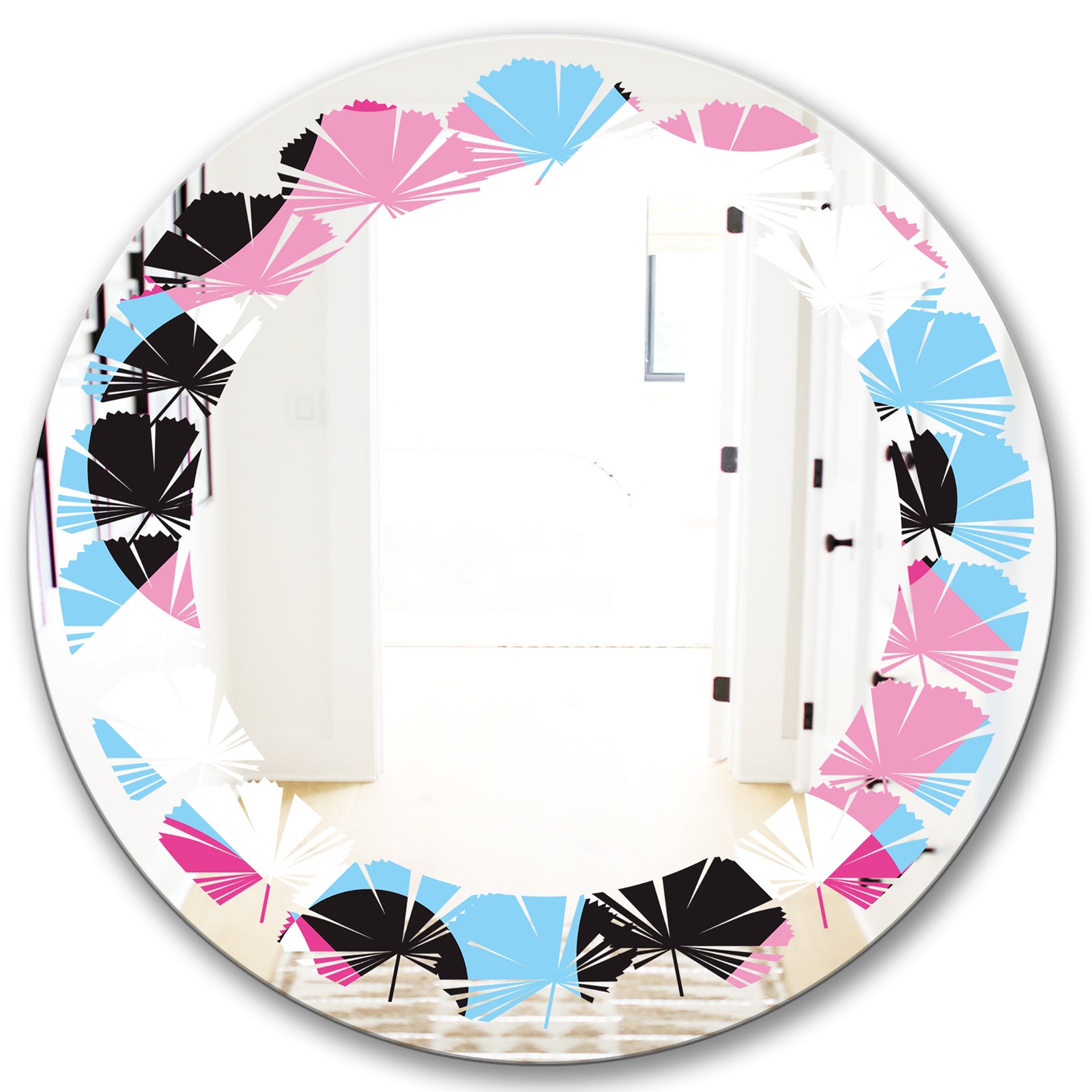 Abstract Geometric Retro I - Modern Round or Oval Wall Mirror - Leaves