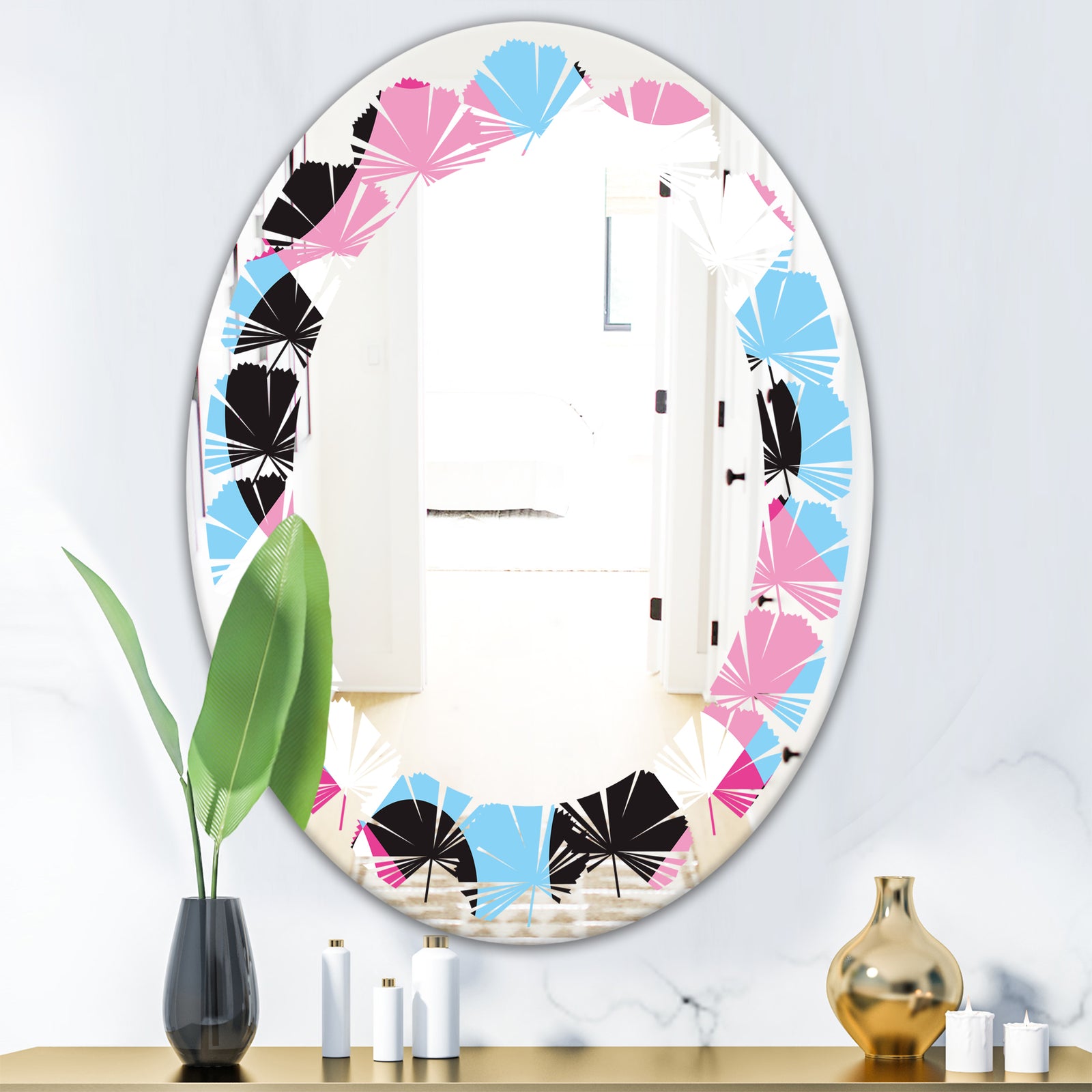 Abstract Geometric Retro I - Modern Round or Oval Wall Mirror - Leaves