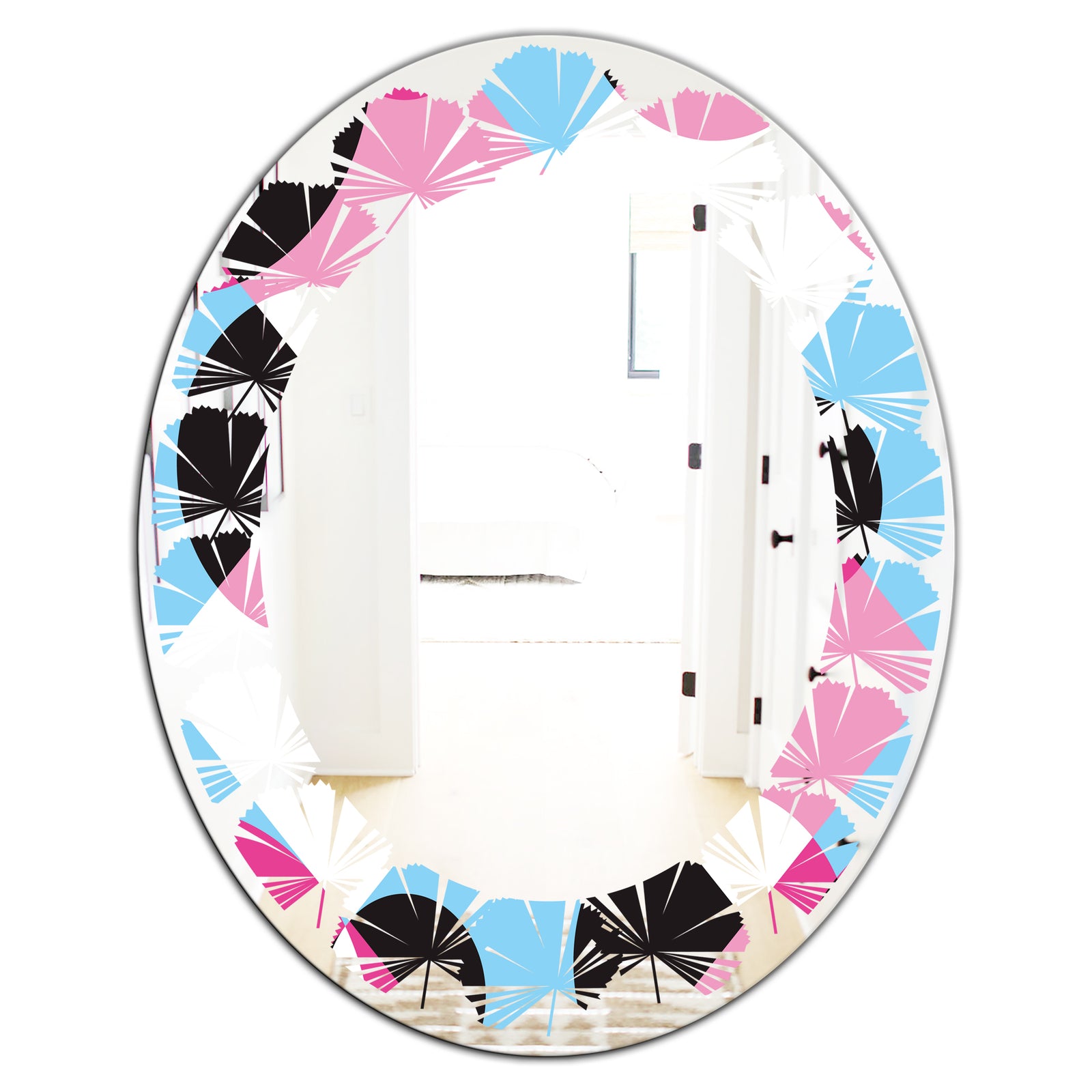 Abstract Geometric Retro I - Modern Round or Oval Wall Mirror - Leaves