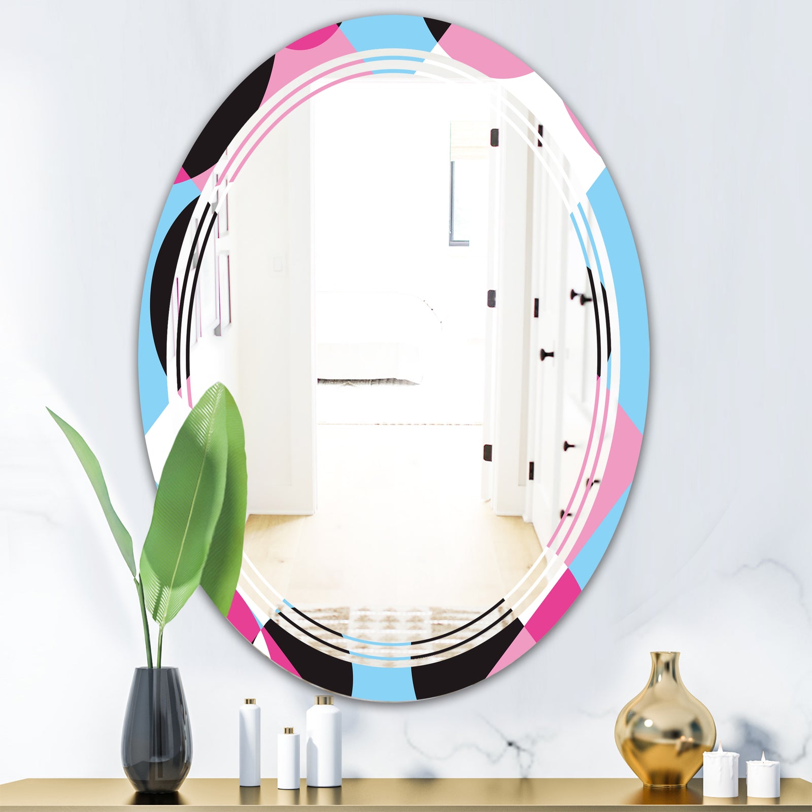 Abstract Geometric Retro I - Modern Round or Oval Wall Mirror - Triple C
