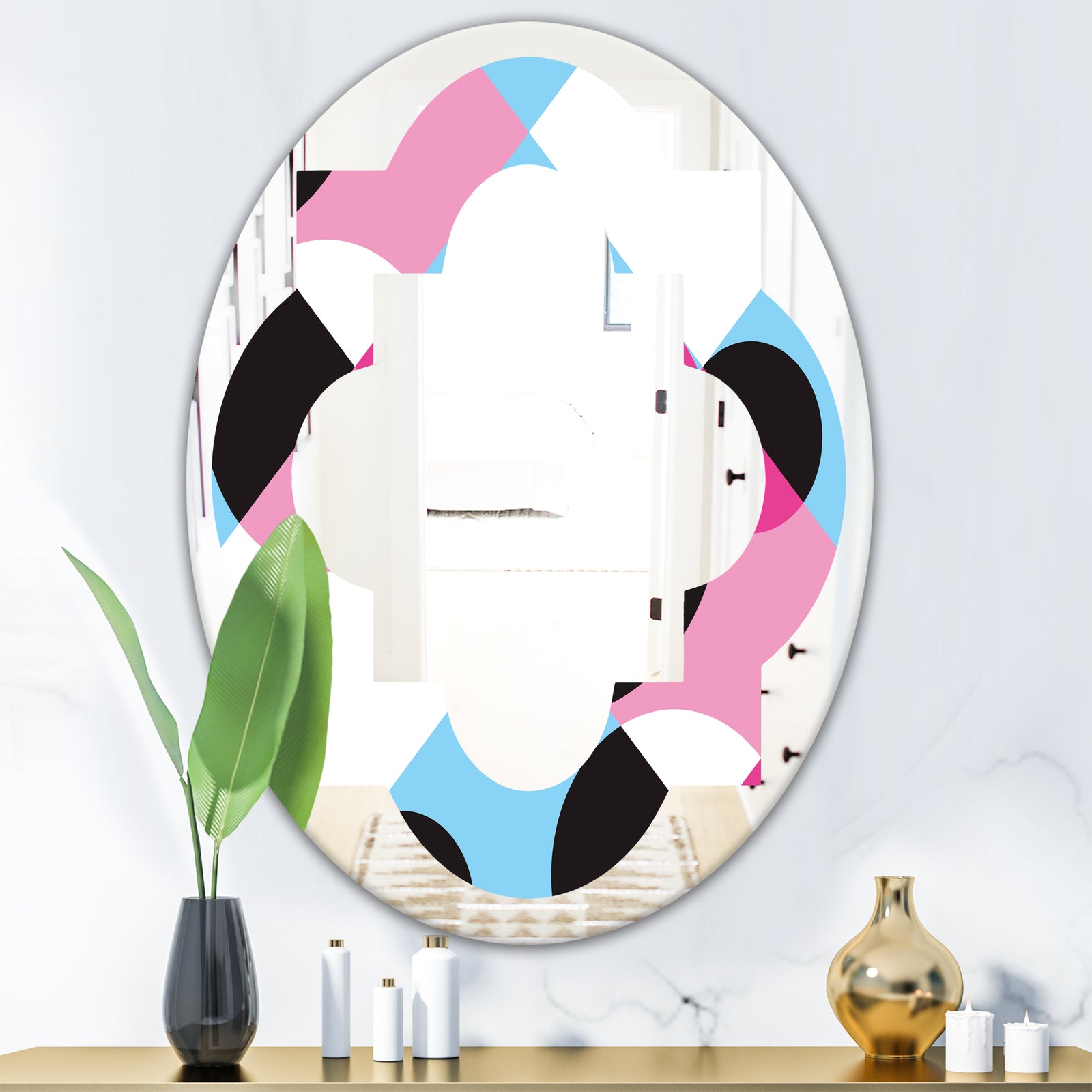 Abstract Geometric Retro I - Modern Round or Oval Wall Mirror - Quatrefoil