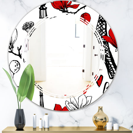 Paris Eiffel Red Hearts I - Modern Round or Oval Wall Mirror - Triple C