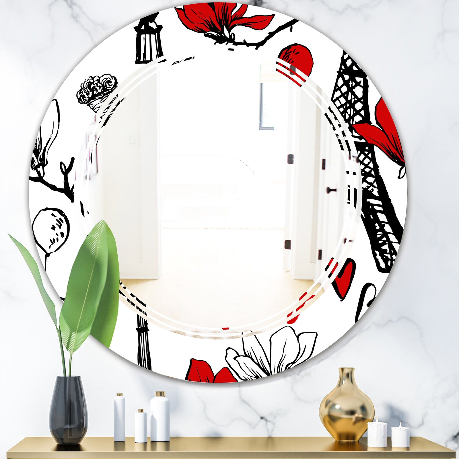 Paris Eiffel Red Hearts I - Modern Round or Oval Wall Mirror - Triple C