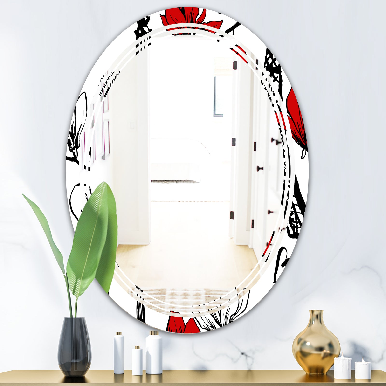 Paris Eiffel Red Hearts I - Modern Round or Oval Wall Mirror - Triple C