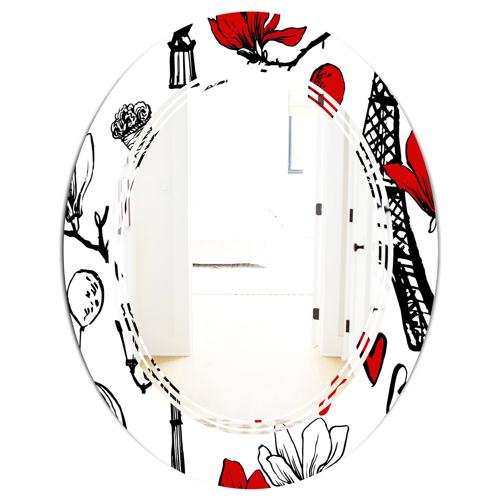 Paris Eiffel Red Hearts I - Modern Round or Oval Wall Mirror - Triple C