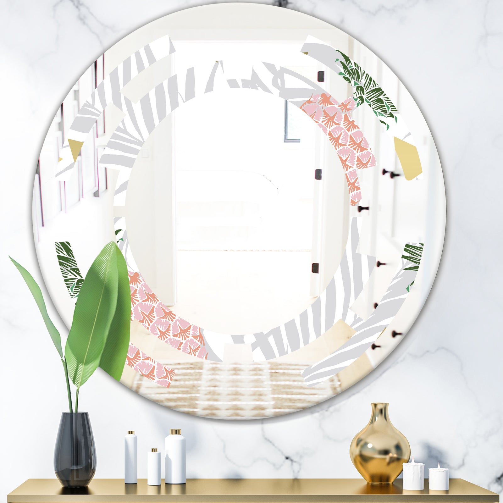 Pineappple On Tropical Leaves - Modern Round or Oval Wall Mirror - Space