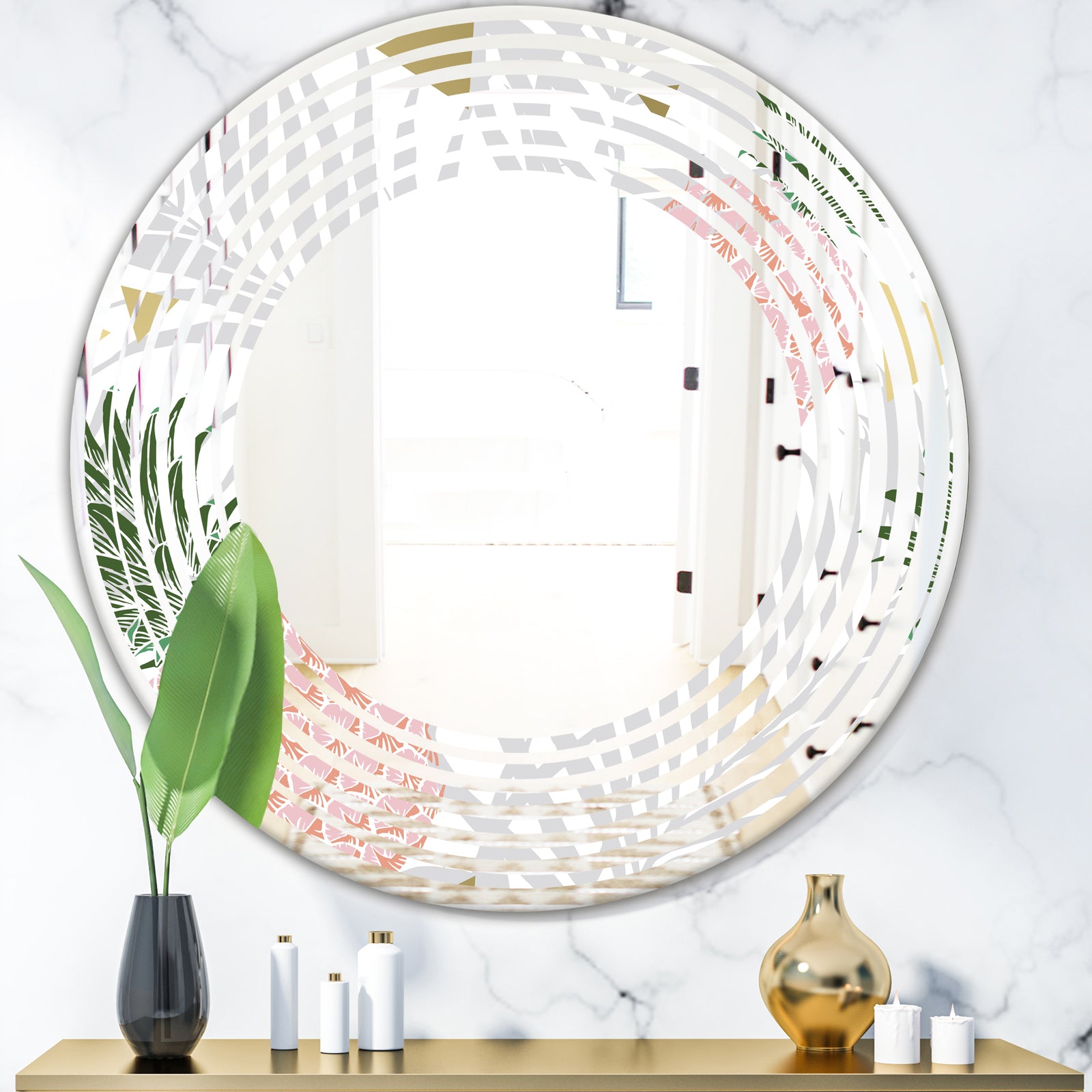 Pineappple On Tropical Leaves - Modern Round or Oval Wall Mirror - Wave