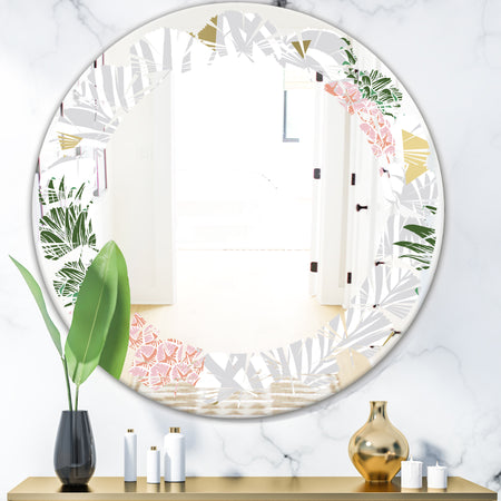 Pineappple On Tropical Leaves - Modern Round or Oval Wall Mirror - Leaves