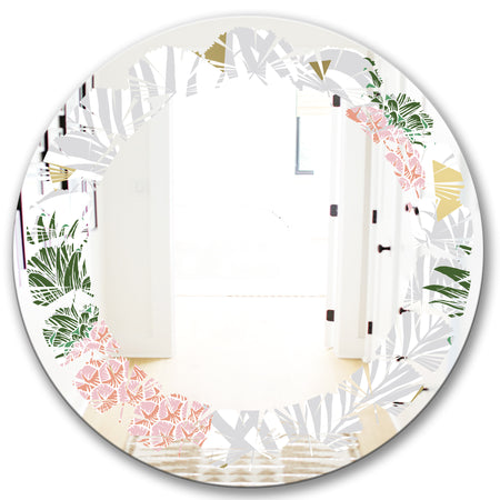 Pineappple On Tropical Leaves - Modern Round or Oval Wall Mirror - Leaves