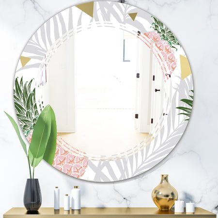 Pineappple On Tropical Leaves - Modern Round or Oval Wall Mirror - Triple C