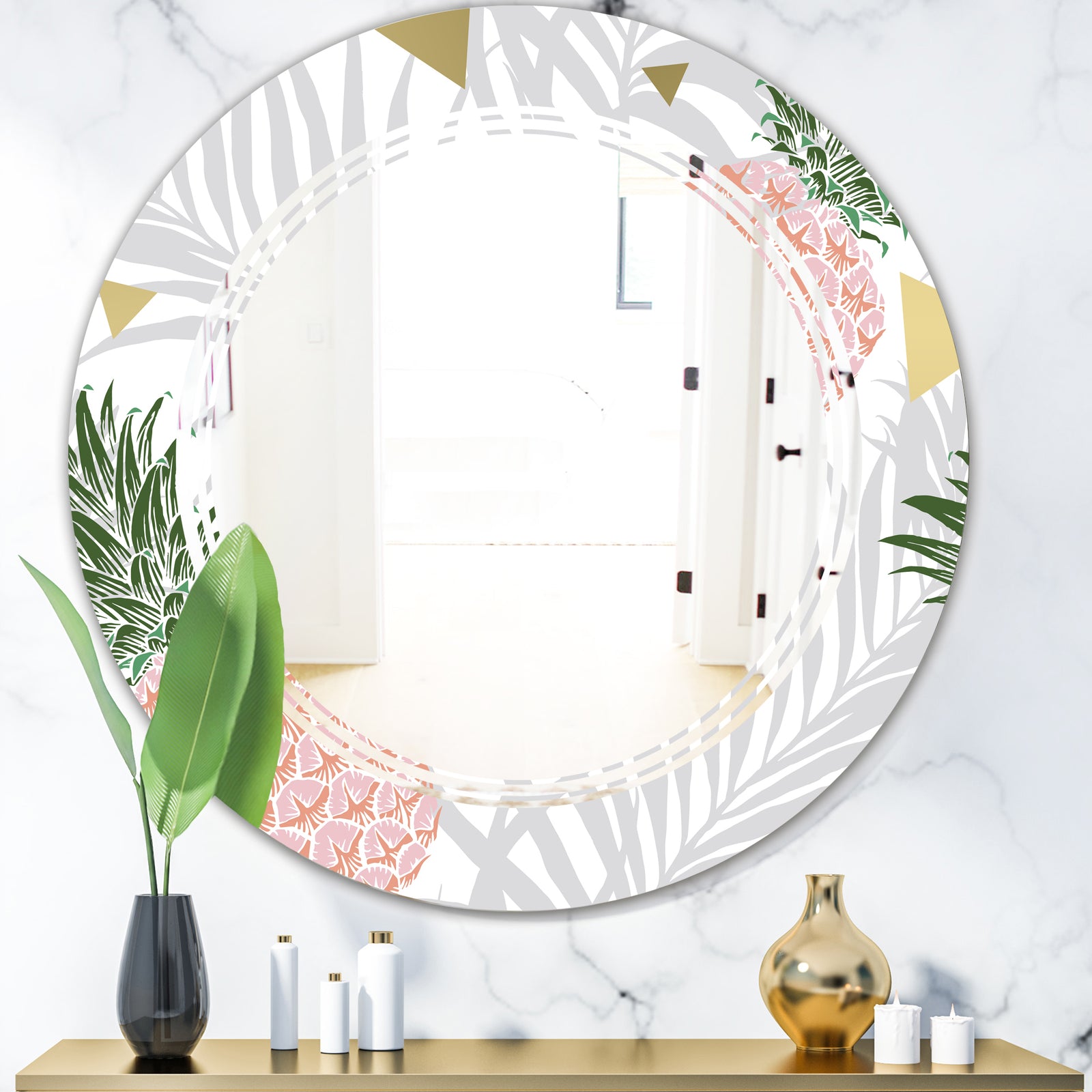 Pineappple On Tropical Leaves - Modern Round or Oval Wall Mirror - Triple C