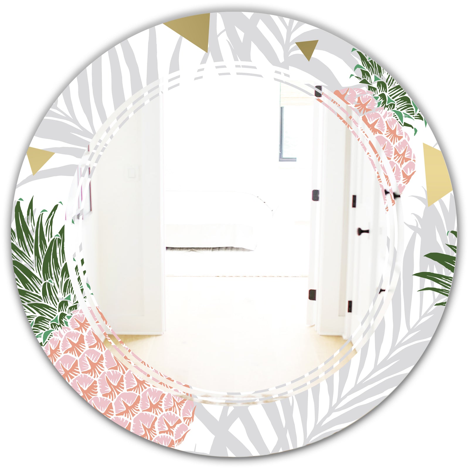 Pineappple On Tropical Leaves - Modern Round or Oval Wall Mirror - Triple C