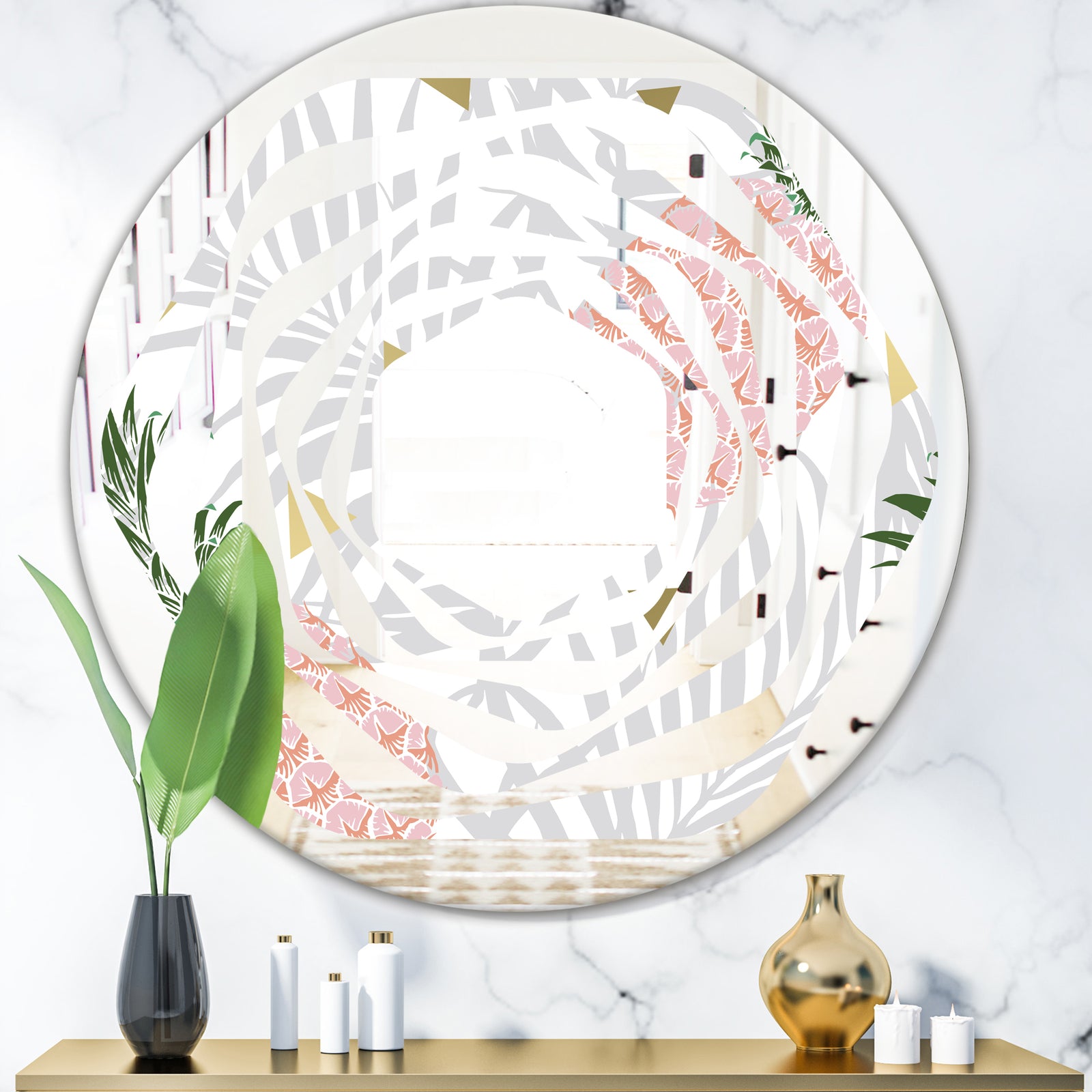 Pineappple On Tropical Leaves - Modern Round or Oval Wall Mirror - Whirl
