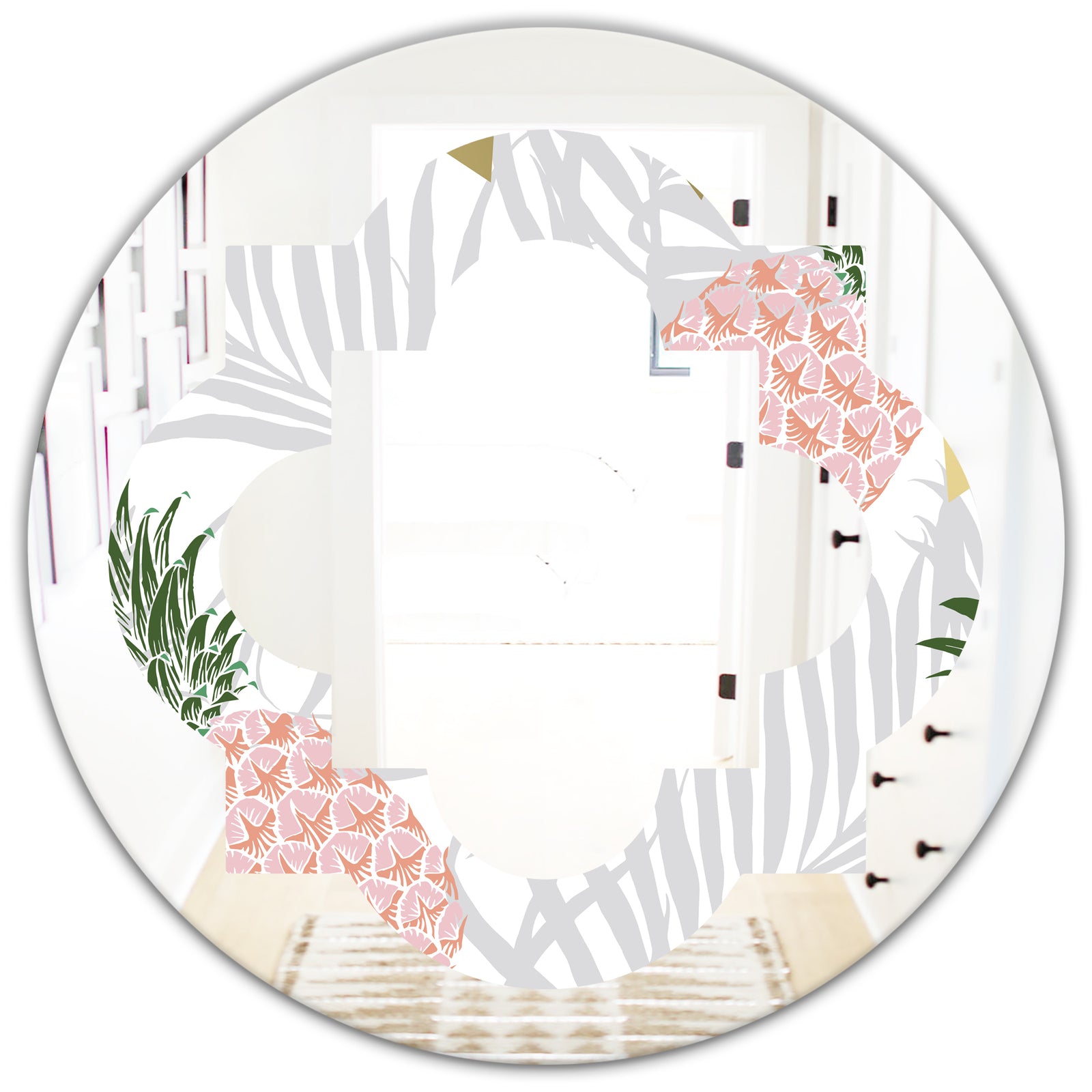 Pineappple On Tropical Leaves - Modern Round or Oval Wall Mirror - Quatrefoil
