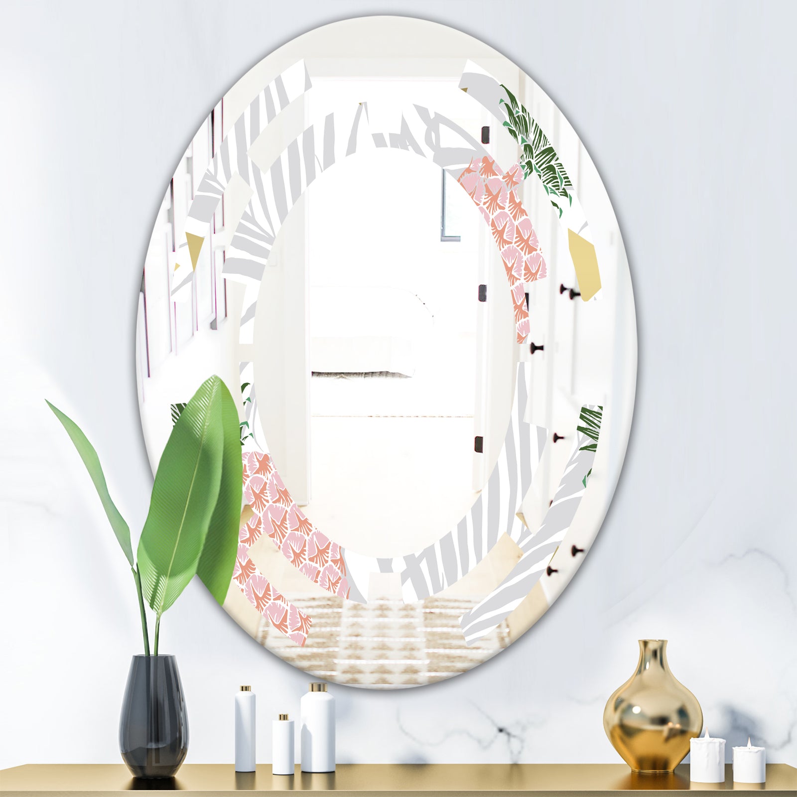 Pineappple On Tropical Leaves - Modern Round or Oval Wall Mirror - Space