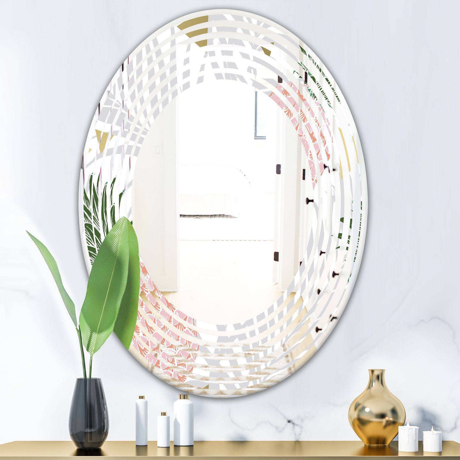 Pineappple On Tropical Leaves - Modern Round or Oval Wall Mirror - Wave