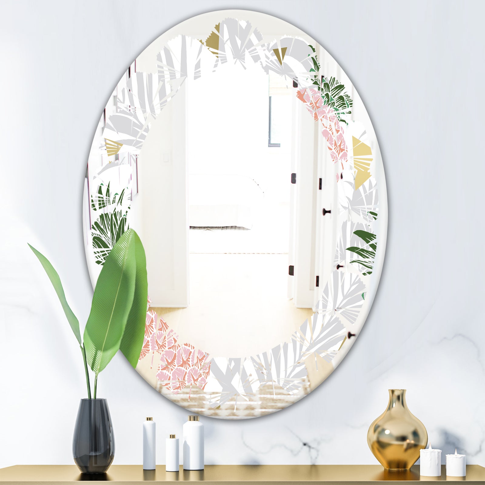 Pineappple On Tropical Leaves - Modern Round or Oval Wall Mirror - Leaves