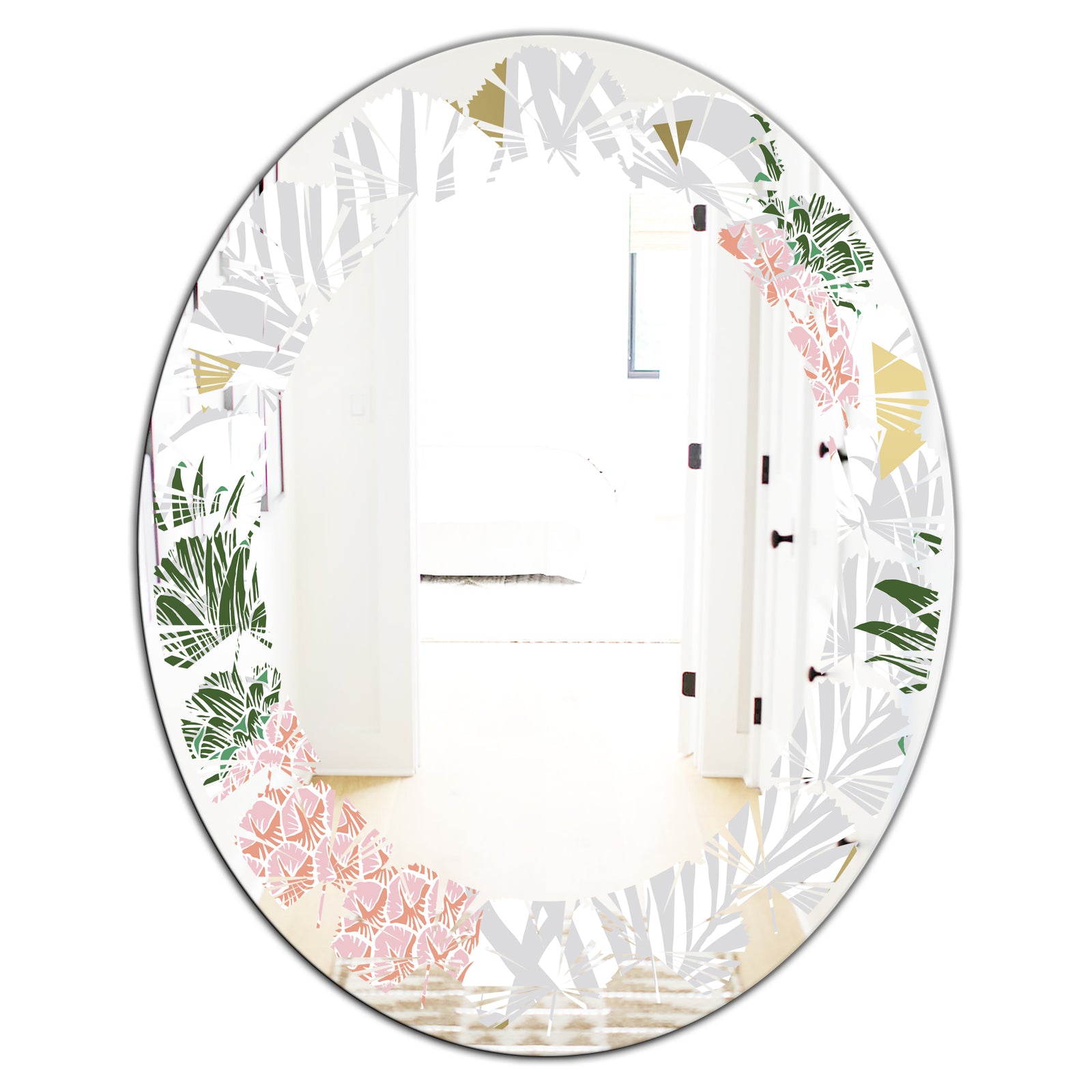 Pineappple On Tropical Leaves - Modern Round or Oval Wall Mirror - Leaves