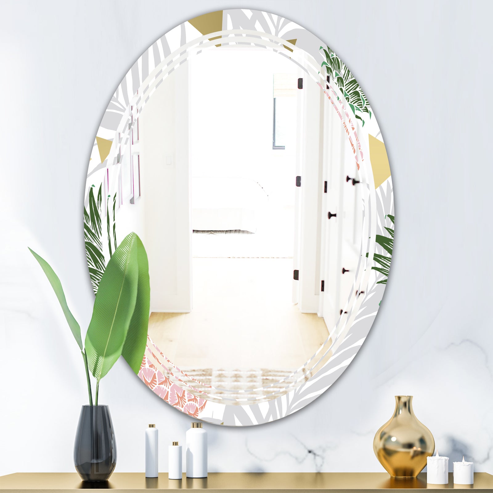 Pineappple On Tropical Leaves - Modern Round or Oval Wall Mirror - Triple C