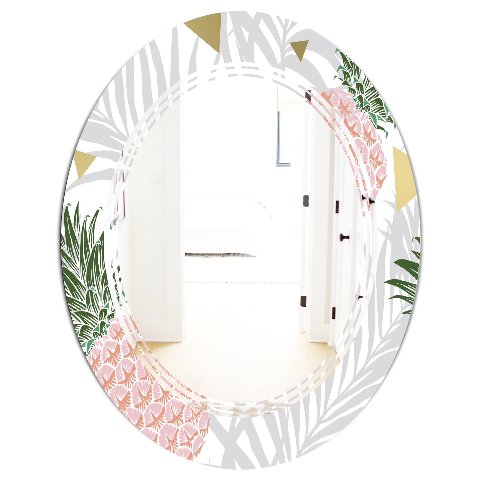 Pineappple On Tropical Leaves - Modern Round or Oval Wall Mirror - Triple C