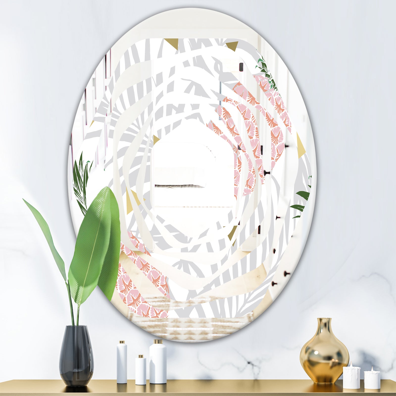 Pineappple On Tropical Leaves - Modern Round or Oval Wall Mirror - Whirl