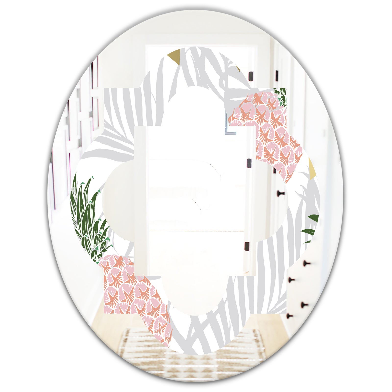 Pineappple On Tropical Leaves - Modern Round or Oval Wall Mirror - Quatrefoil