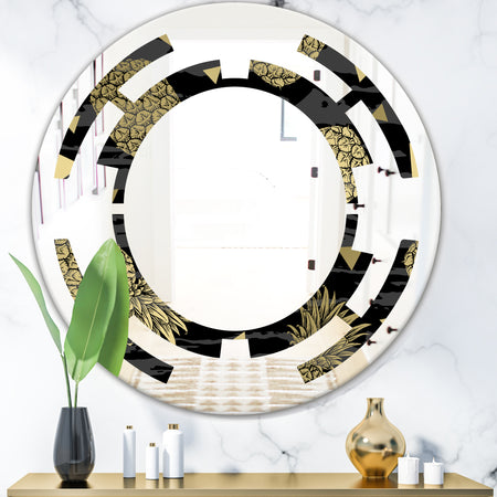 Golden Pineapple On Black - Modern Round or Oval Wall Mirror - Space