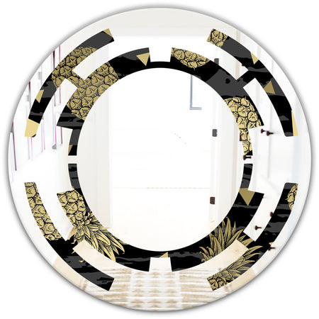 Golden Pineapple On Black - Modern Round or Oval Wall Mirror - Space