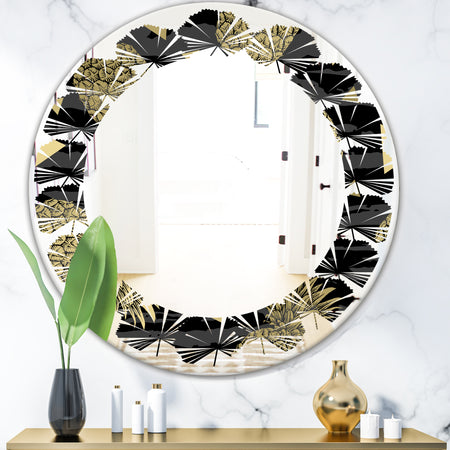 Golden Pineapple On Black - Modern Round or Oval Wall Mirror - Leaves