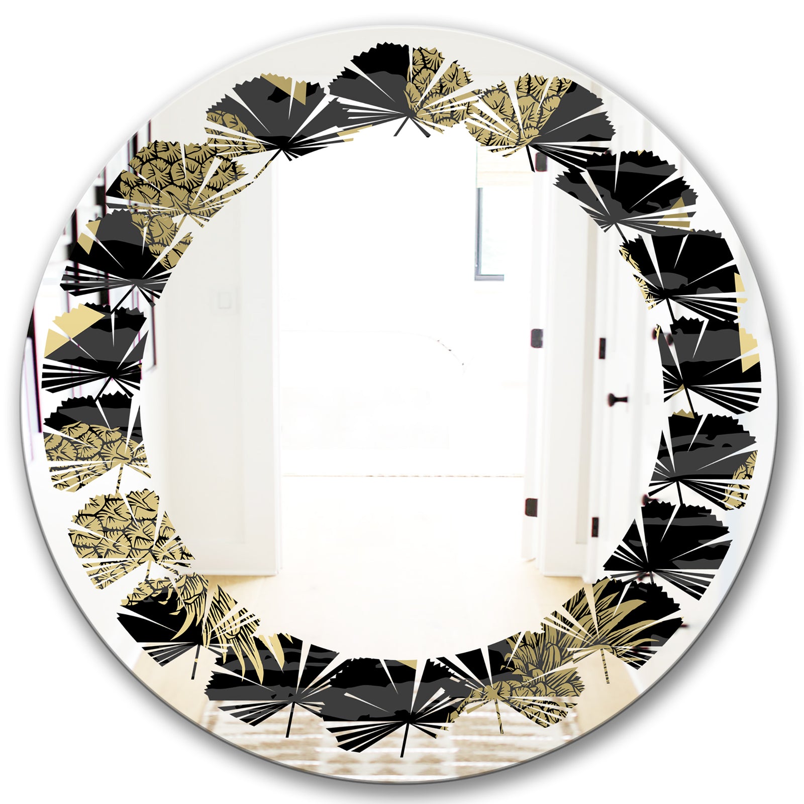 Golden Pineapple On Black - Modern Round or Oval Wall Mirror - Leaves