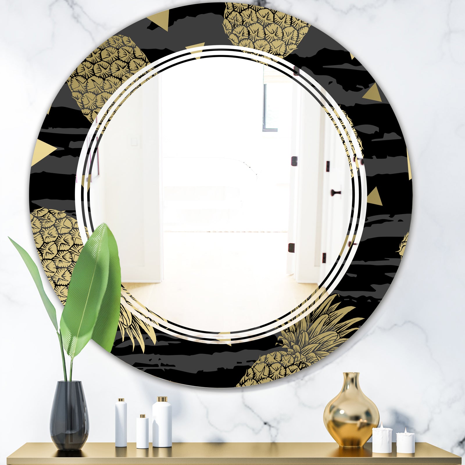 Golden Pineapple On Black - Modern Round or Oval Wall Mirror - Triple C