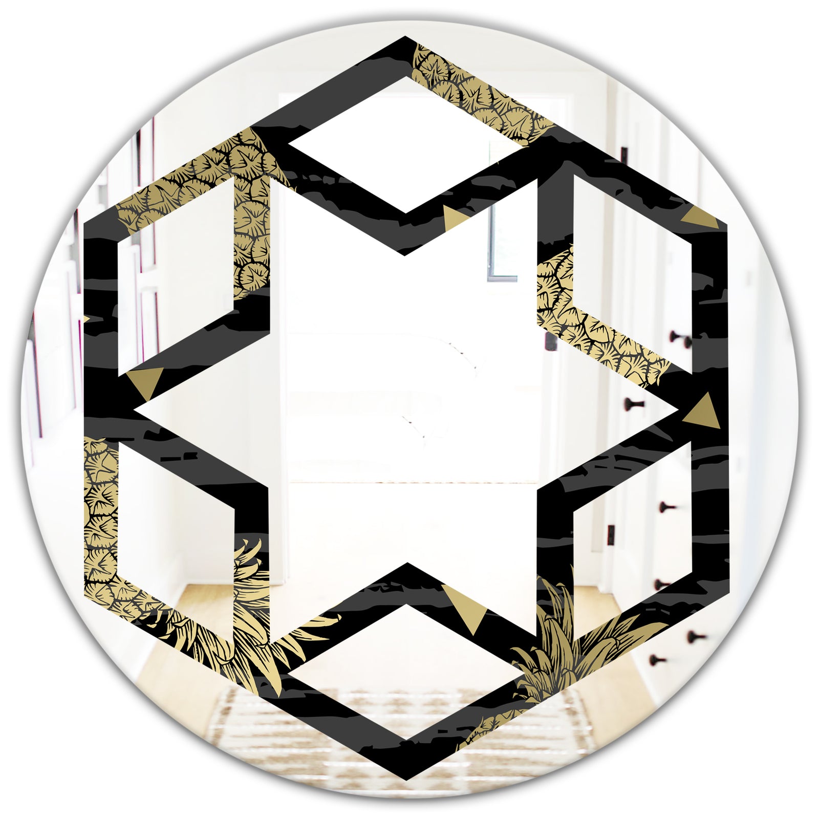 Golden Pineapple On Black - Modern Round or Oval Wall Mirror - Hexagon Star