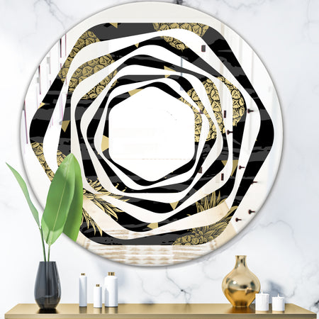 Golden Pineapple On Black - Modern Round or Oval Wall Mirror - Whirl