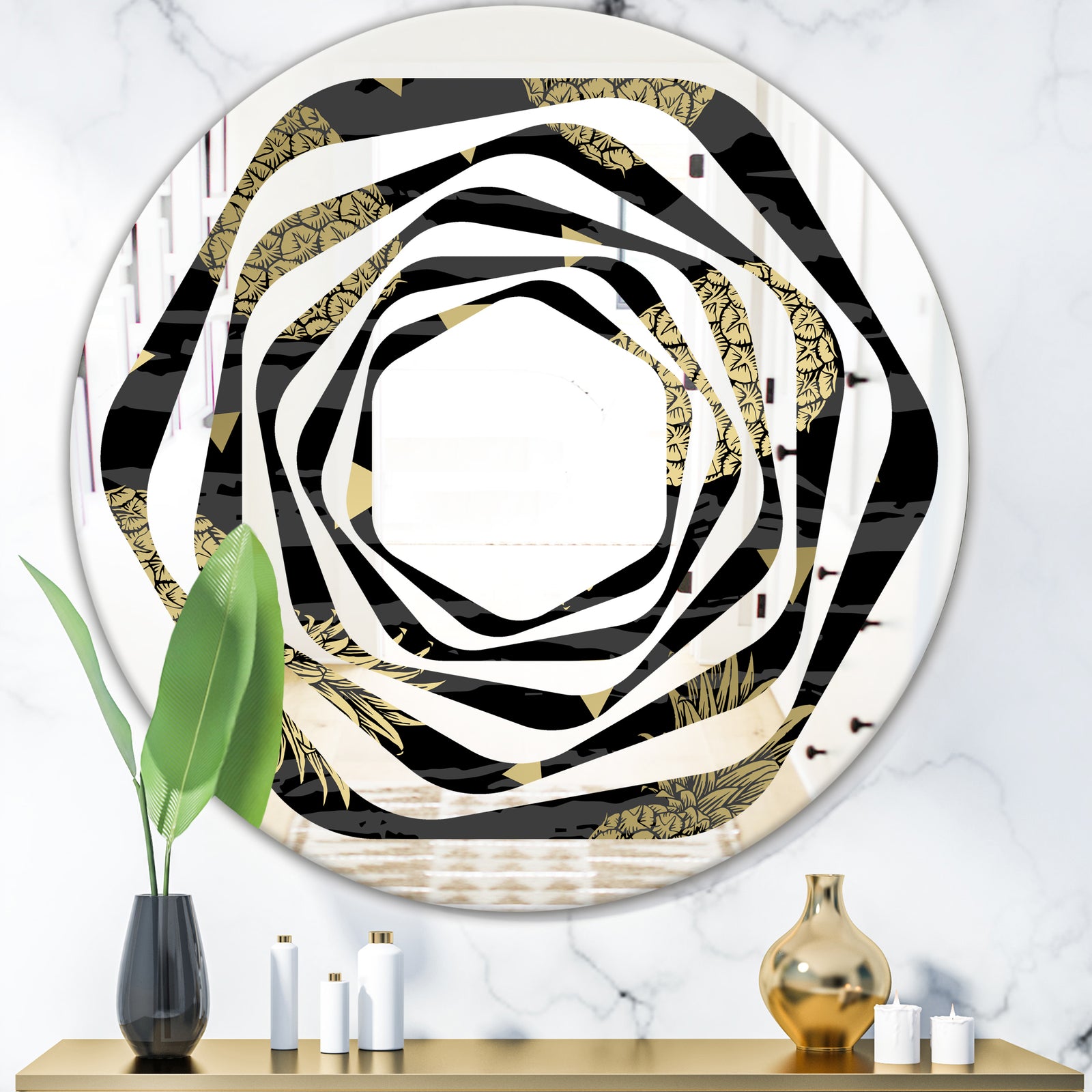 Golden Pineapple On Black - Modern Round or Oval Wall Mirror - Whirl