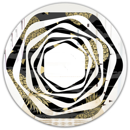 Golden Pineapple On Black - Modern Round or Oval Wall Mirror - Whirl