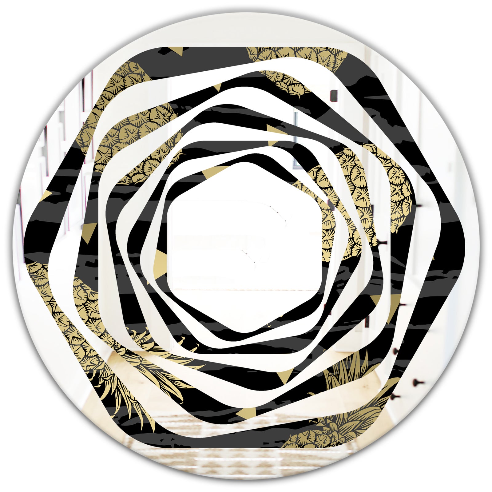 Golden Pineapple On Black - Modern Round or Oval Wall Mirror - Whirl