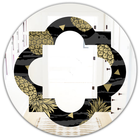 Golden Pineapple On Black - Modern Round or Oval Wall Mirror - Quatrefoil